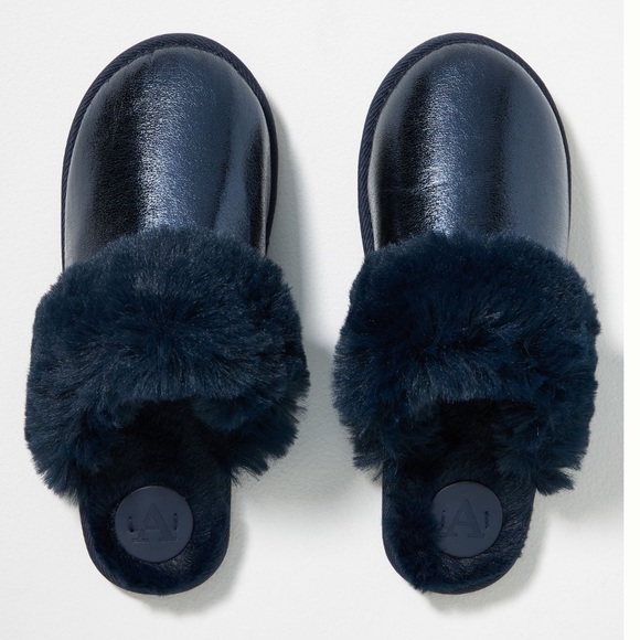 Anthropologie | Shoes | Blue Metallic Fuzzy Slippers From Anthropologie S |  Poshmark